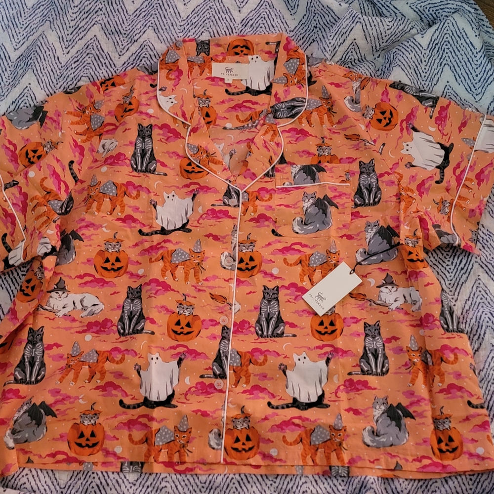 Printfresh Orange Cat and Pumpkin Print Top